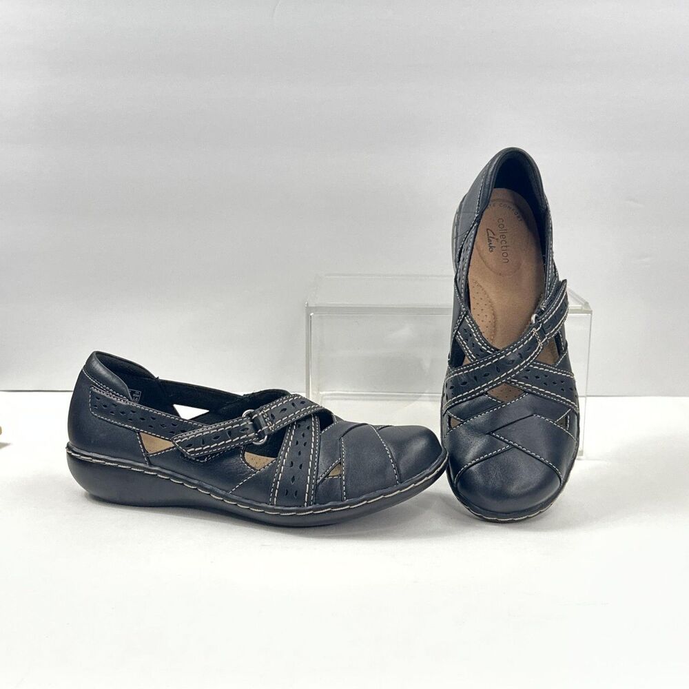 Clarks Shoes Womens 6.5 Black Leather Ashland Spin Q Mary Jane Flats Comfort
